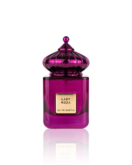 lady roza eau de parfum bottle against white background