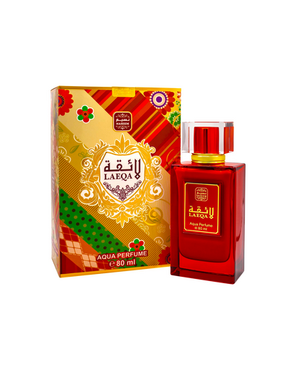 laeqa aqua parfum by naeem perfumes bottle beside its box  shows against white background