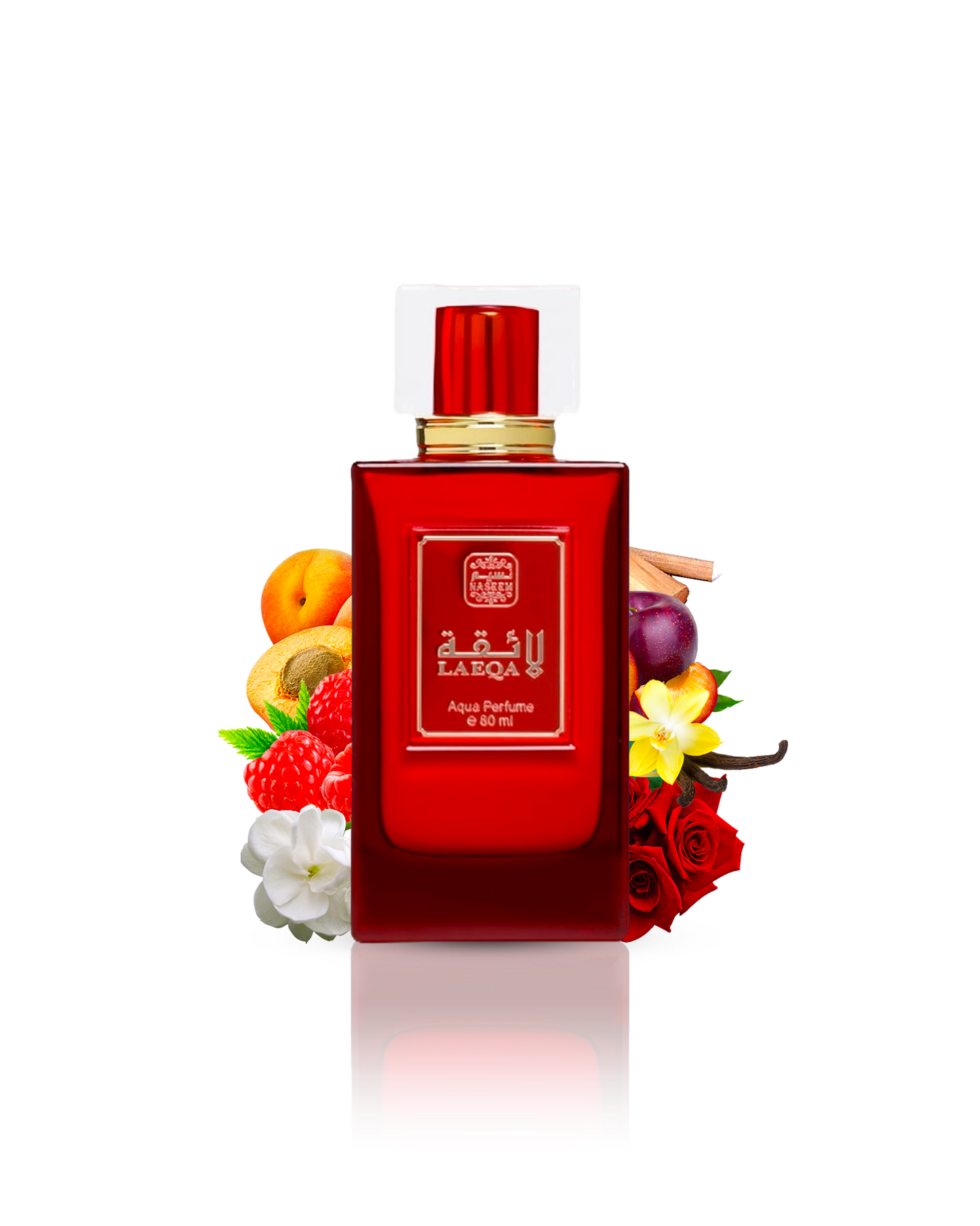 laeqa aqua parfum by naeem perfumes bottle surrounded with ingredients like rose and vanilla with many others shows from behind the bottle against white background