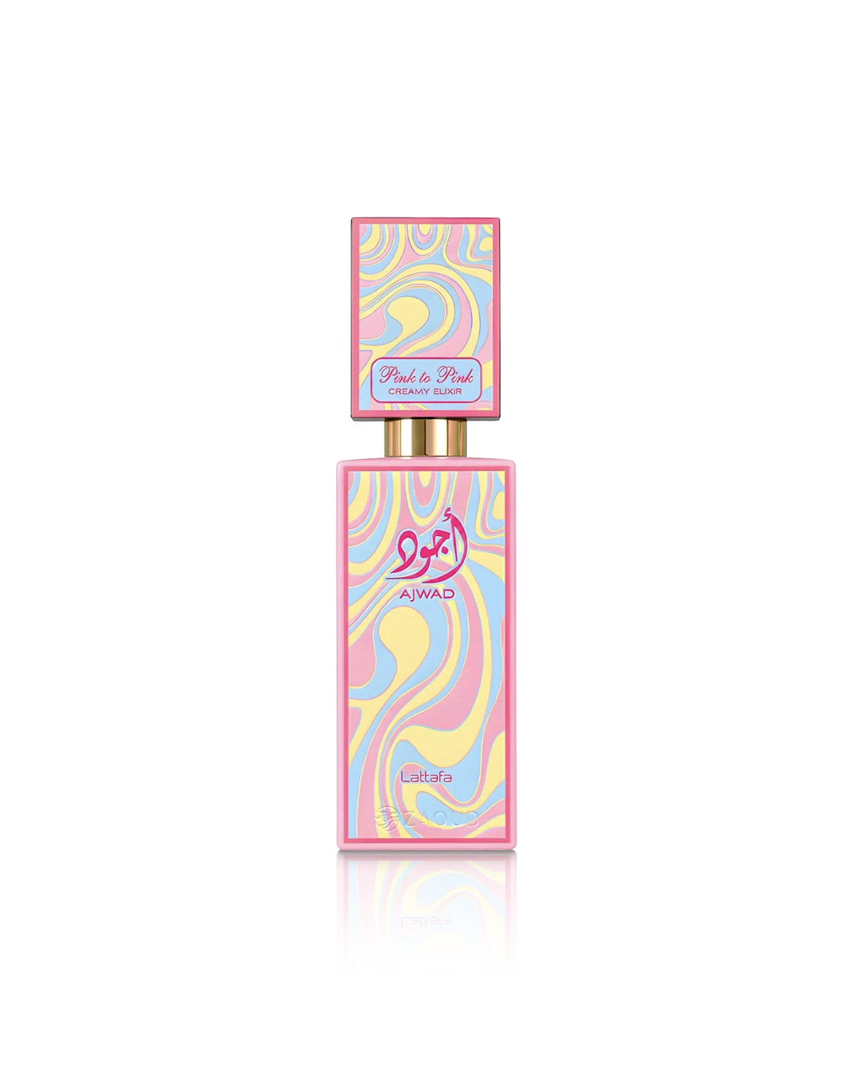 lattafa ajwad pink to pink creamy elixir perfume bottle shows against white background