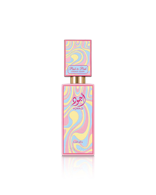 lattafa ajwad pink to pink creamy elixir perfume bottle shows against white background