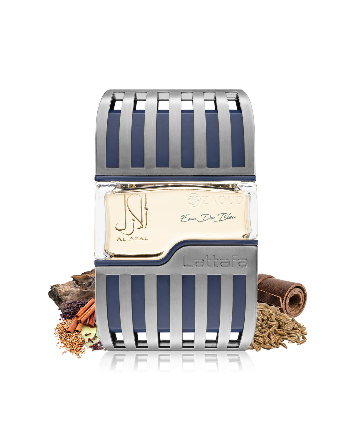 lattafa al azal perfume bottle surrounded with fragrance notes like spices and leather shows against white background