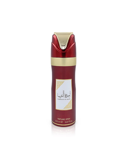 lattafa ameerat al arab Red and gold perfume bottle with a white label on a white background