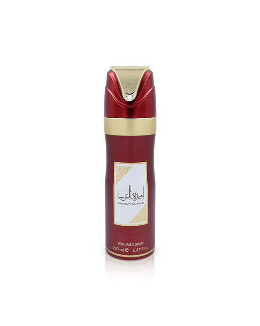 lattafa ameerat al arab Red and gold perfume bottle with a white label on a white background