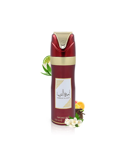 lattafa ameerat al arab deodorant Red and gold perfume bottle with decorative elements like jasmine and citrus on a white background