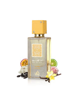 lattafa ana abiyedh passion perfume bottle surrounded with fragrance notes like vanilla and tonka shows against white background