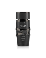 lattafa asad elixir perfume black bottle shows against white background