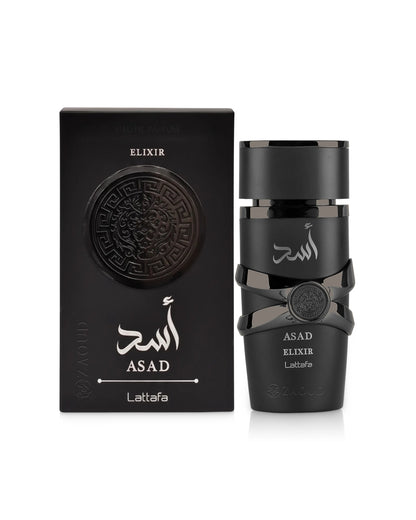 lattafa asad elixir perfume black bottle shows beside its packaging against white background