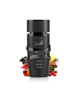 lattafa asad elixir perfume black bottle surrounded by fragrance notes like amber and saffron shows against white background