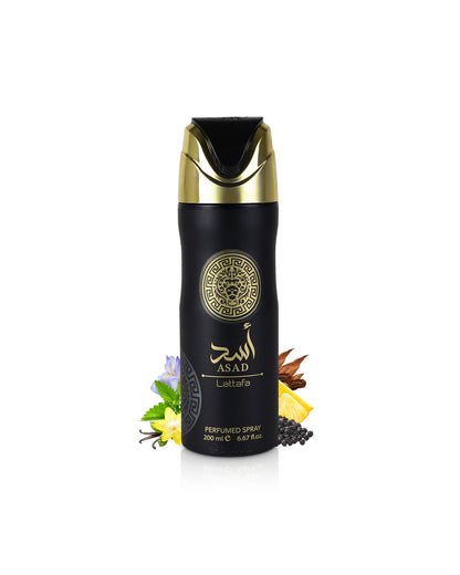 lattafa asad deodorant bottle surrounded with fragrance notes like vanilla and patchouli shows against white background