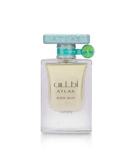 lattafa atlas glacial valley perfume bottle shows against white background