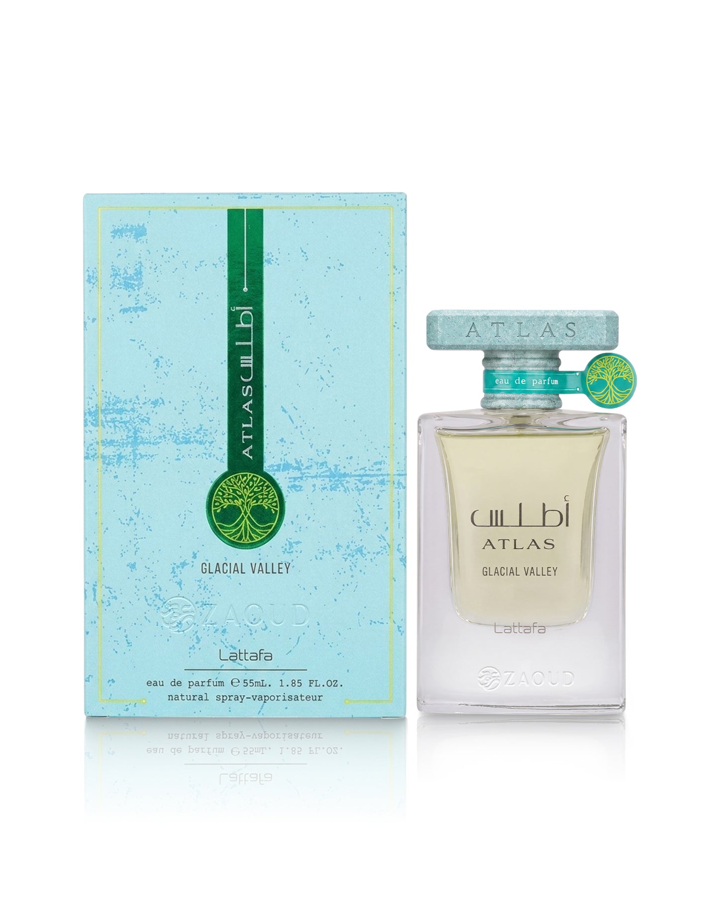 A bottle of lattafa Atlas Glacial Valley Parfum next to its light blue and green packaging box, displayed on a clean white background with a subtle reflection.