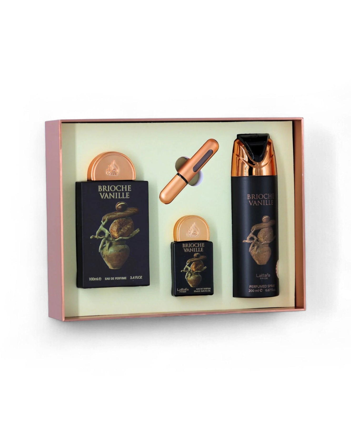 Lattafa gift Set including a bottle, deodorant, and box in a box on a white background
