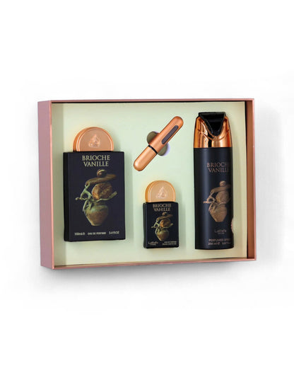 Lattafa gift Set including a bottle, deodorant, and box in a box on a white background