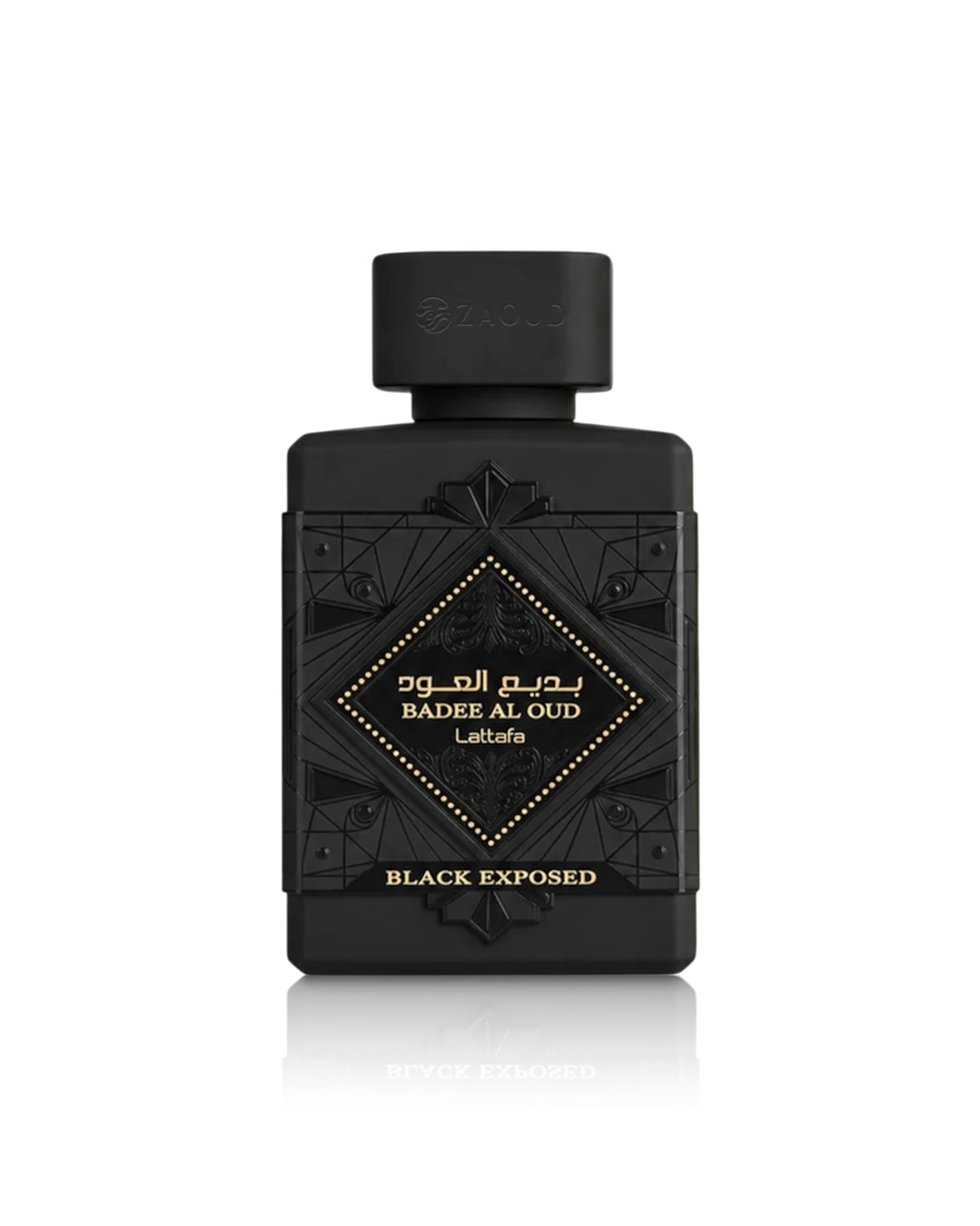 A black rectangular perfume bottle with a matching black cap, featuring gold Arabic and English lettering that reads lattafa badee al oud black exposed, set against a plain white background with a subtle reflection below.