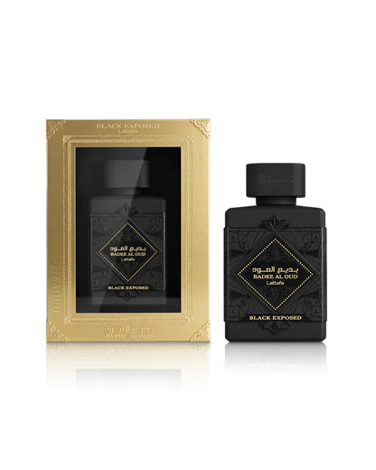 lattafa badee al oud black exposed Parfum bottle shown with its gold ornate box and the black bottle next to it on a white background.