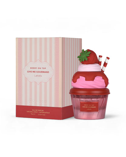 lattafa berry on top perfume cupcake shape bottle beside box shows against white background