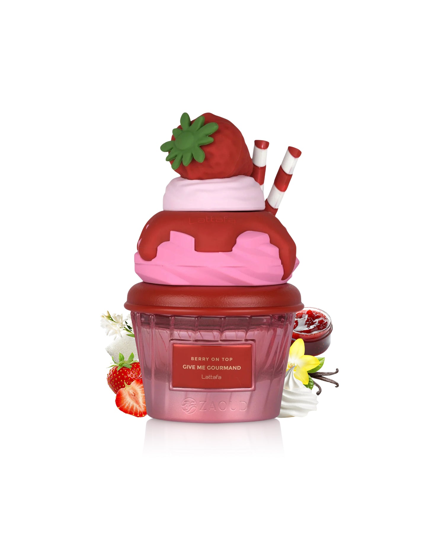 lattafa berry on top perfume cupcake shape bottle surrounded by fragrance notes like strawberry and vanilla shows against white background