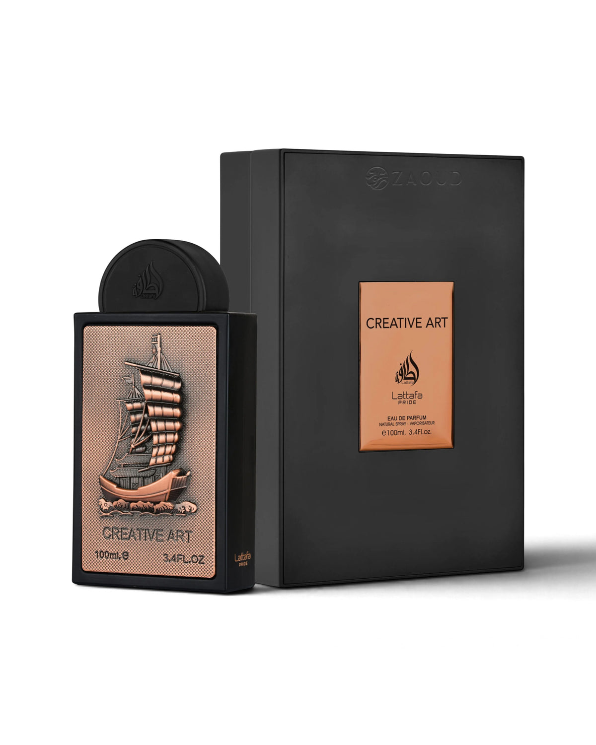 lattafa Creative Art perfume bottle and its matching black box on a white background. The bottle has a black cap and frame with a textured copper-toned front panel featuring an illustration of a sailing ship.