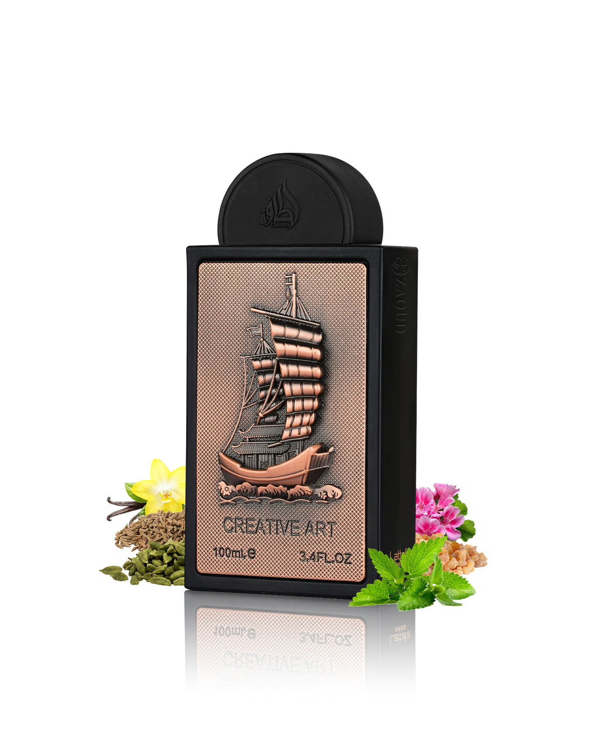 lattafa Creative Art perfume bottle with a black body and cap, featuring a metallic bronze ship illustration on the front. The bottle is labeled 'CREATIVE ART' and '100mL / 3.
