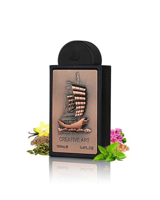 lattafa Creative Art perfume bottle with a black body and cap, featuring a metallic bronze ship illustration on the front. The bottle is labeled 'CREATIVE ART' and '100mL / 3.