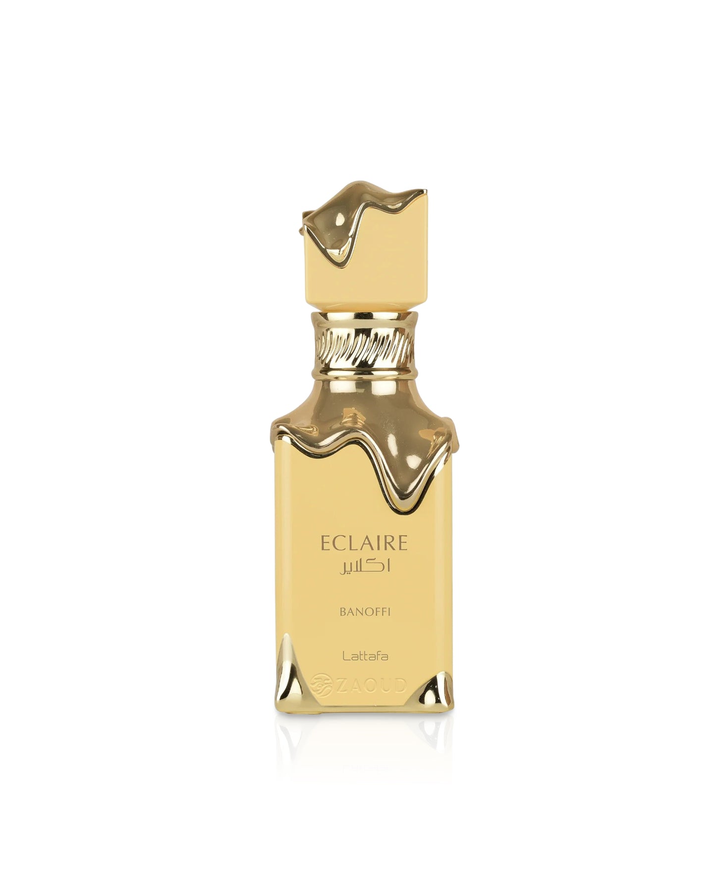 lattafa eclaire banoffi Gold perfume bottle with 'Eclaire' branding on a white background