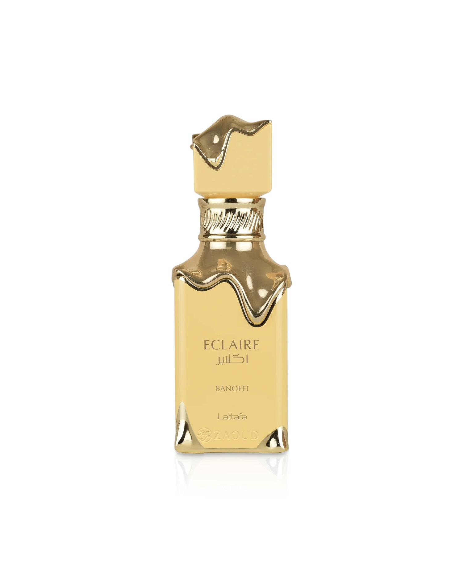 lattafa eclaire banoffi Gold perfume bottle with 'Eclaire' branding on a white background