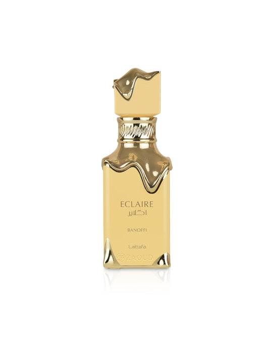 lattafa eclaire banoffi Gold perfume bottle with 'Eclaire' branding on a white background