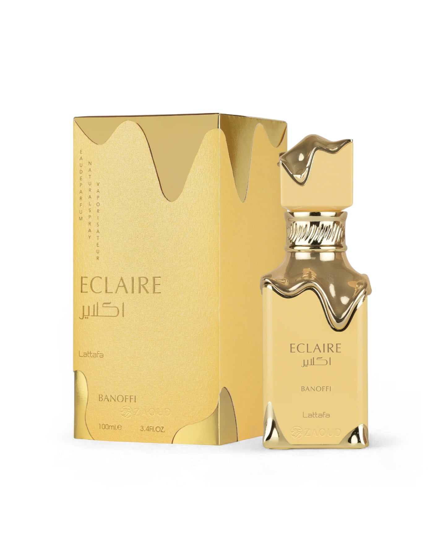 lattafa eclaire banoffi Gold perfume bottle and packaging on a white background