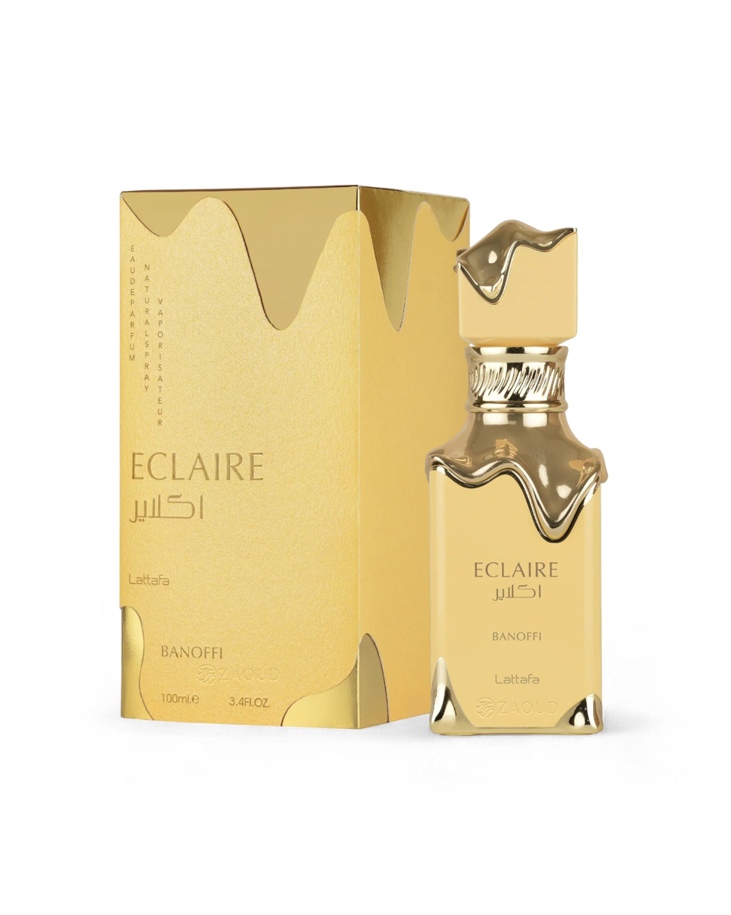 lattafa eclaire banoffi Gold perfume bottle and packaging on a white background