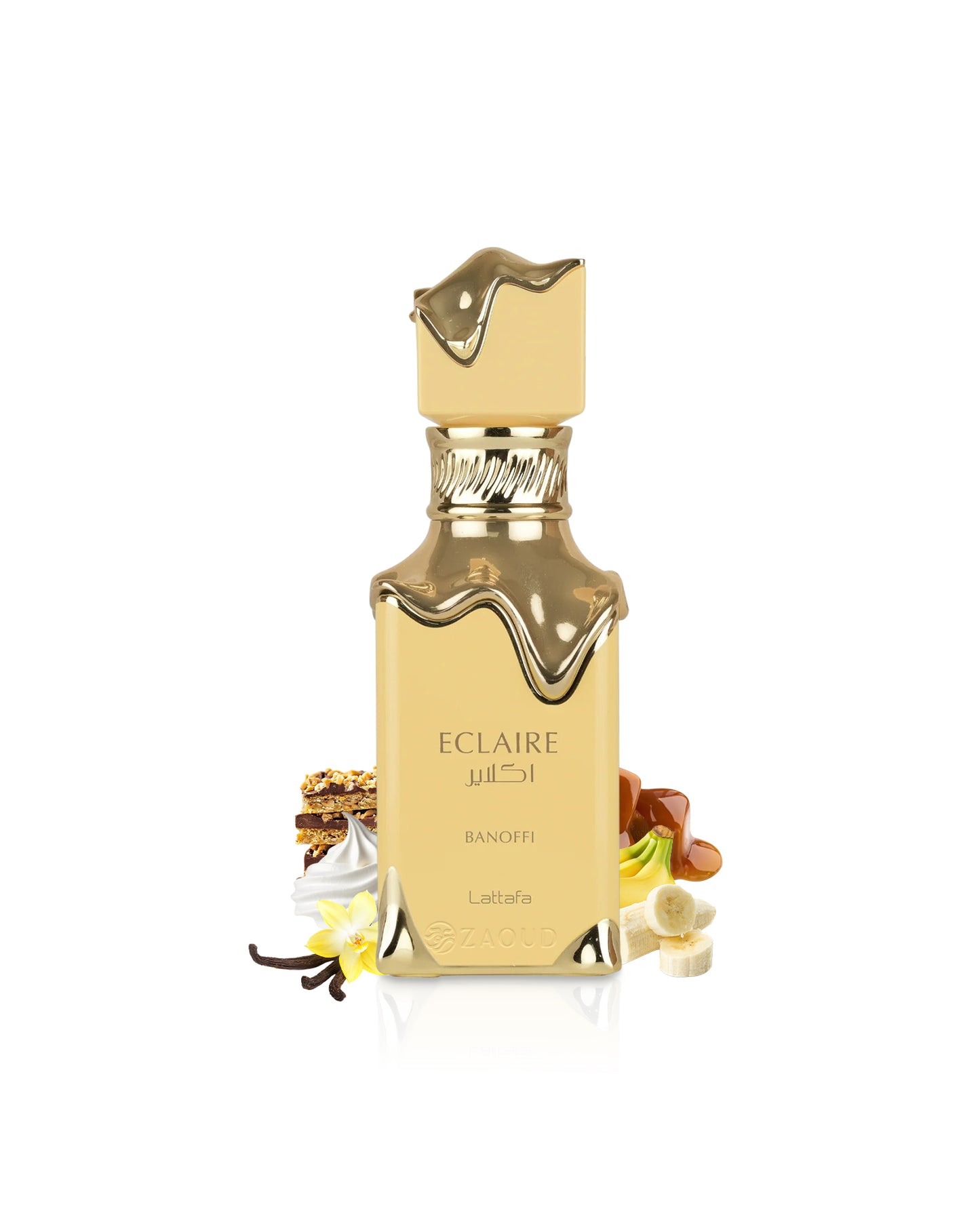 lattafa eclaire banoffi Gold and beige perfume bottle with decorative elements like banana and vanilla on a white background