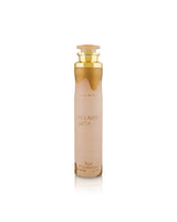 lattafa Eclaire Air freshener Mist with a frosted pale pink body, gold cap, and gold dripping accent design near the top, shown on a clean white background with a soft reflection.