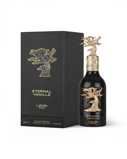 lattafa eternal vanille perfume bottle shows beside its packaging against white background