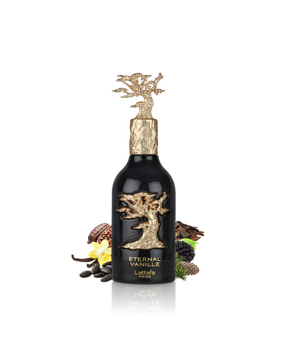 lattafa eternal vanille perfume bottle surrounded by fragrance notes like vanilla and cocoa shows against white background