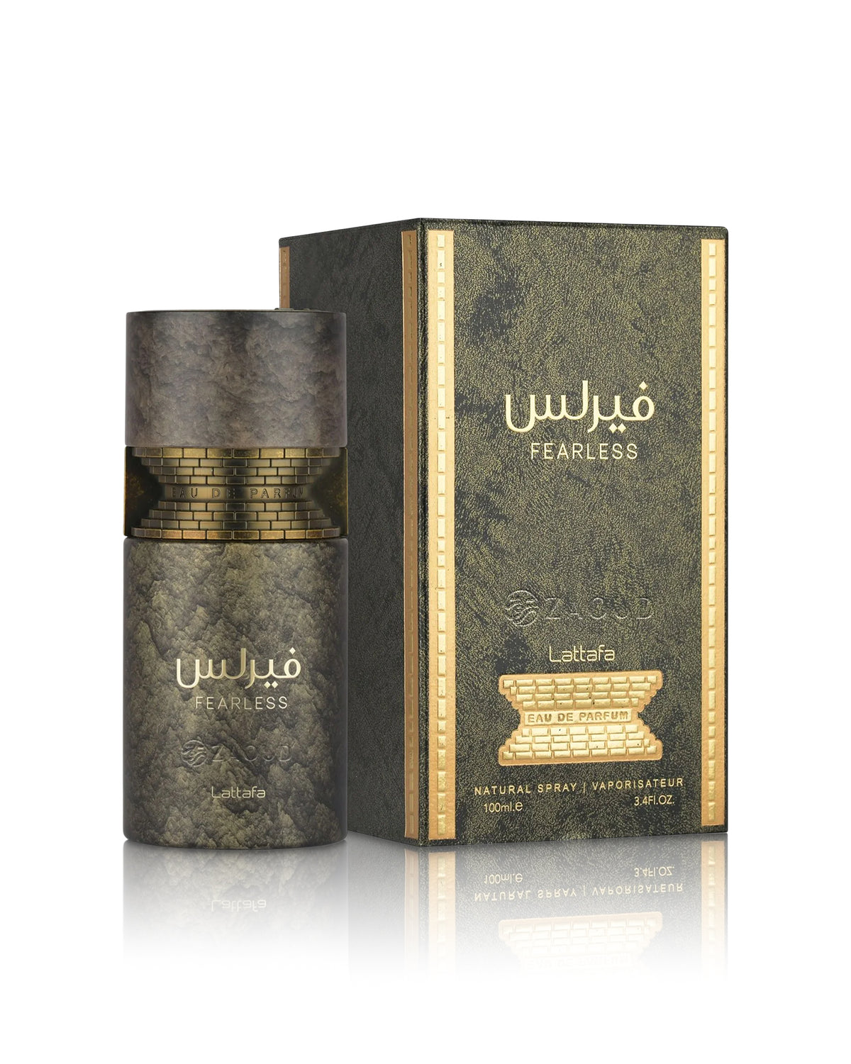 A bottle and matching box of lattafa Fearless perfume, featuring a textured dark gray and gold design with Arabic and English text, set against a clean white background with a subtle reflection.