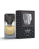 lattafa fahad perfume bottle shows beside its packaging against white background
