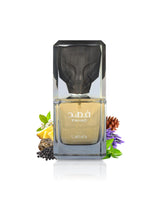 lattafa fahad perfume bottle surrounded with fragrance notes like pepper and ananas shows against white background