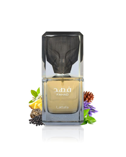 lattafa fahad perfume bottle surrounded with fragrance notes like pepper and ananas shows against white background