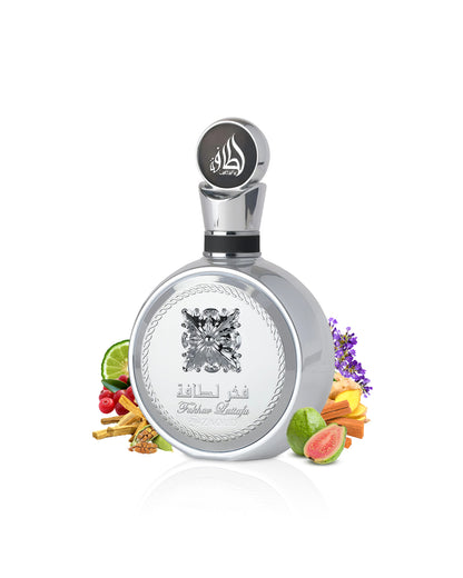 lattafa fakhar platin Silver perfume bottle with decorative elements like guava and cardamom  on a white background