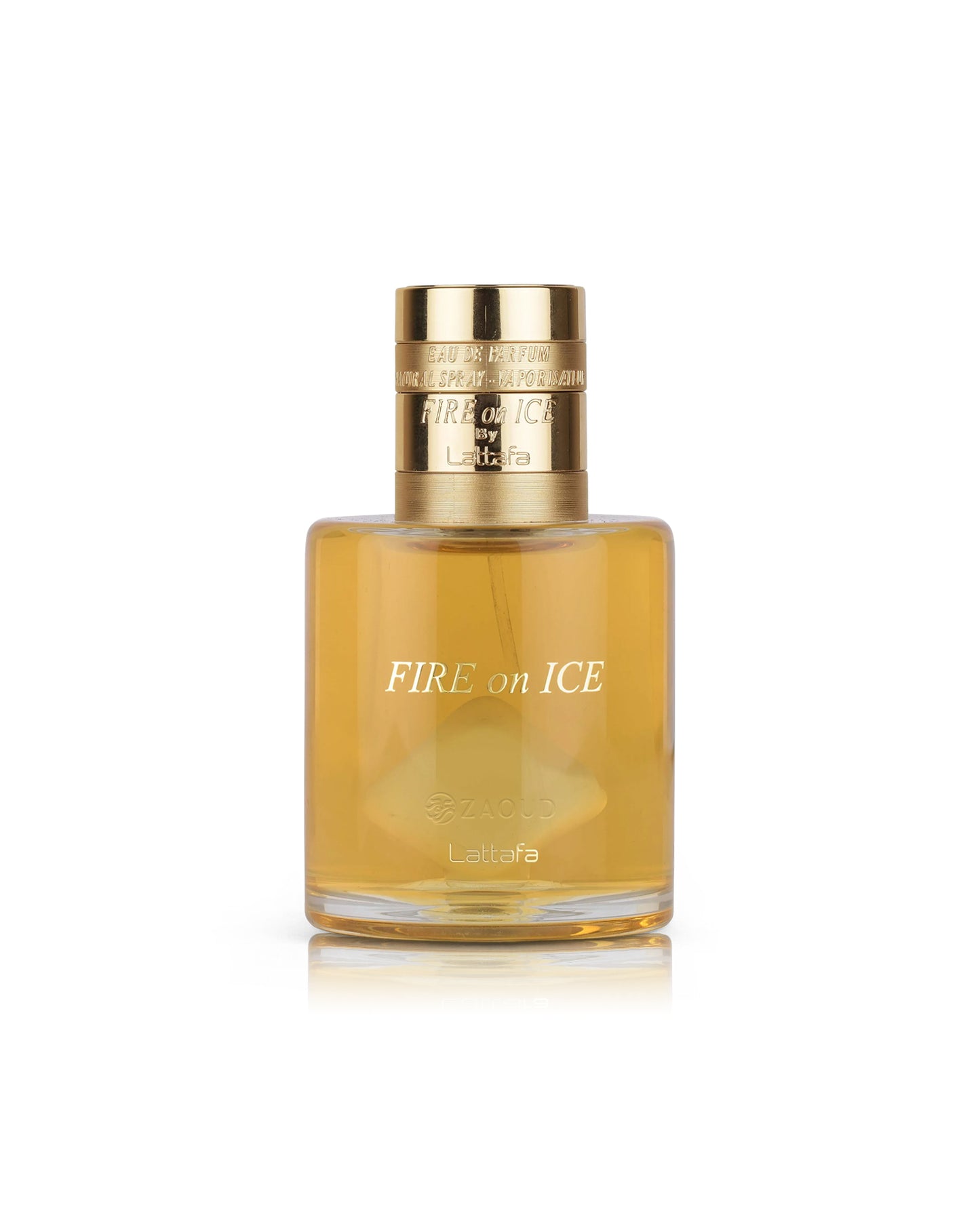 lattafa fire on ice perfume bottle shows against white background