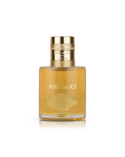 lattafa fire on ice perfume bottle shows against white background