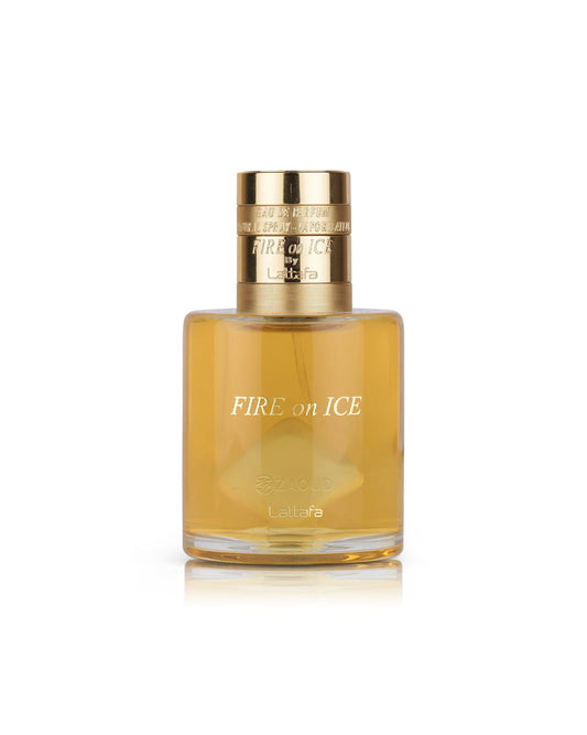 lattafa fire on ice perfume bottle shows against white background
