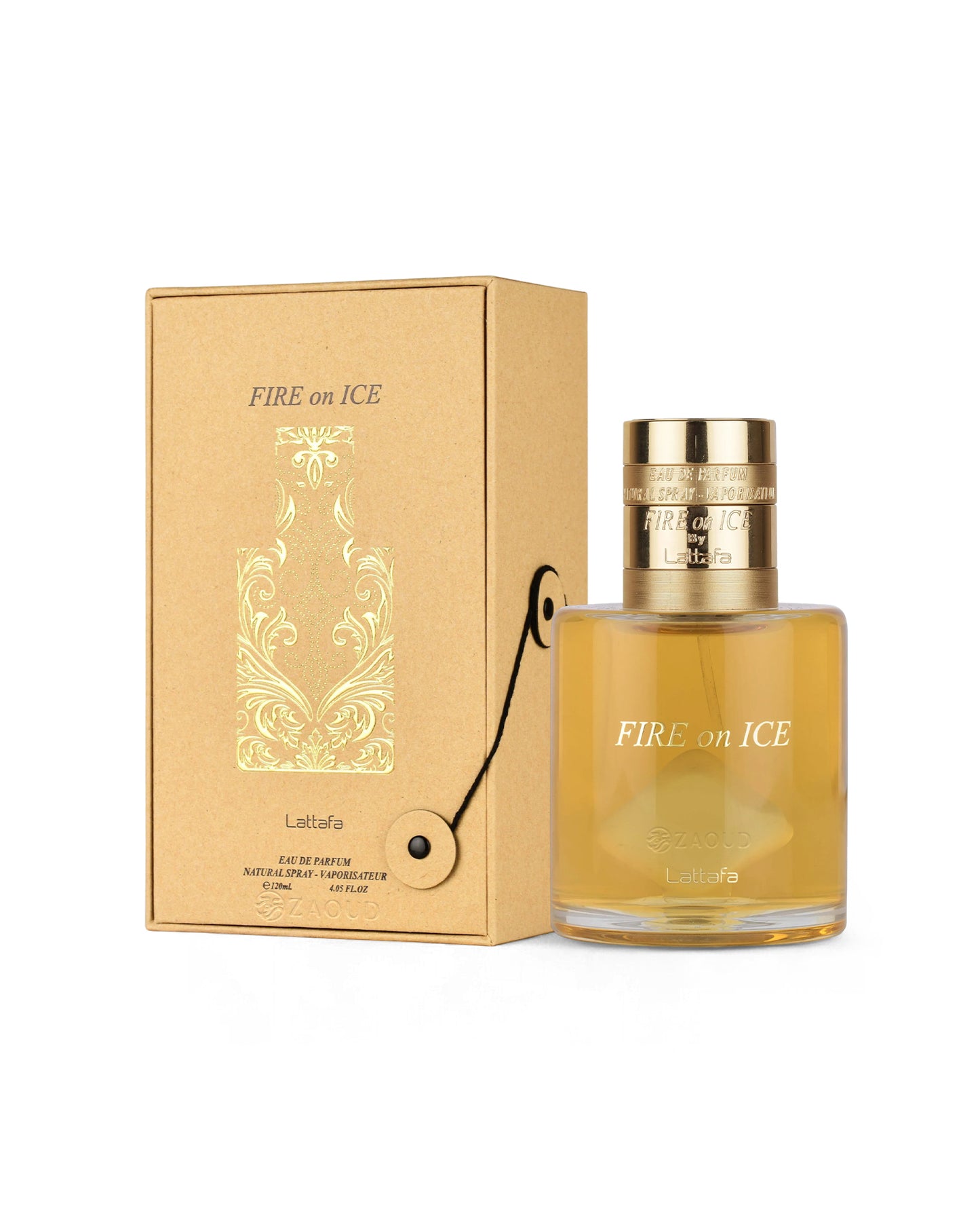lattafa fire on ice perfume bottle shows beside its packaging against white background 