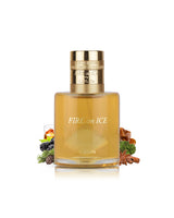 lattafa fire on ice perfume bottle labeled 'Fire on Ice' with decorative elements like caramel and cinnamon on a white background