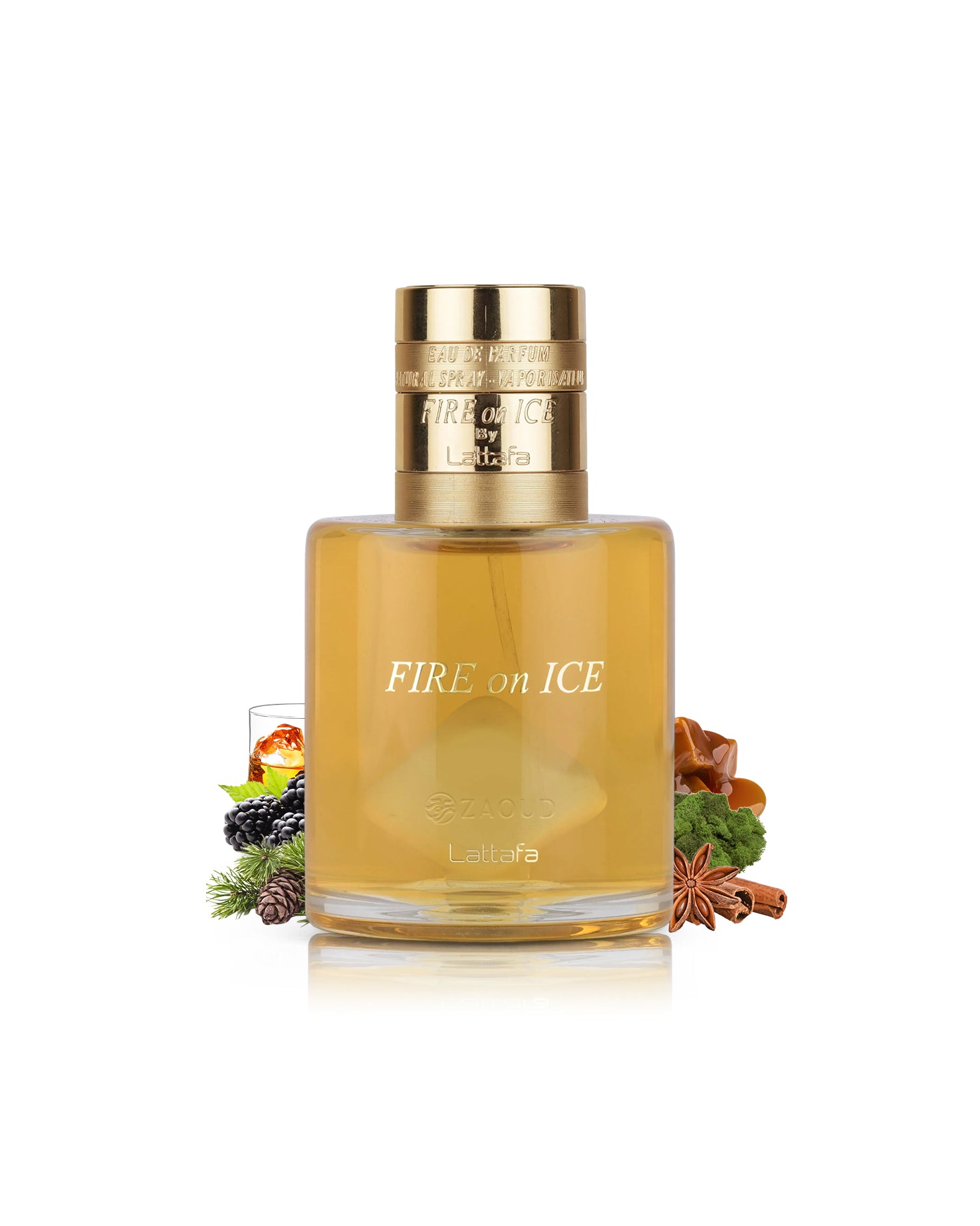 lattafa fire on ice perfume bottle labeled 'Fire on Ice' with decorative elements like caramel and cinnamon on a white background