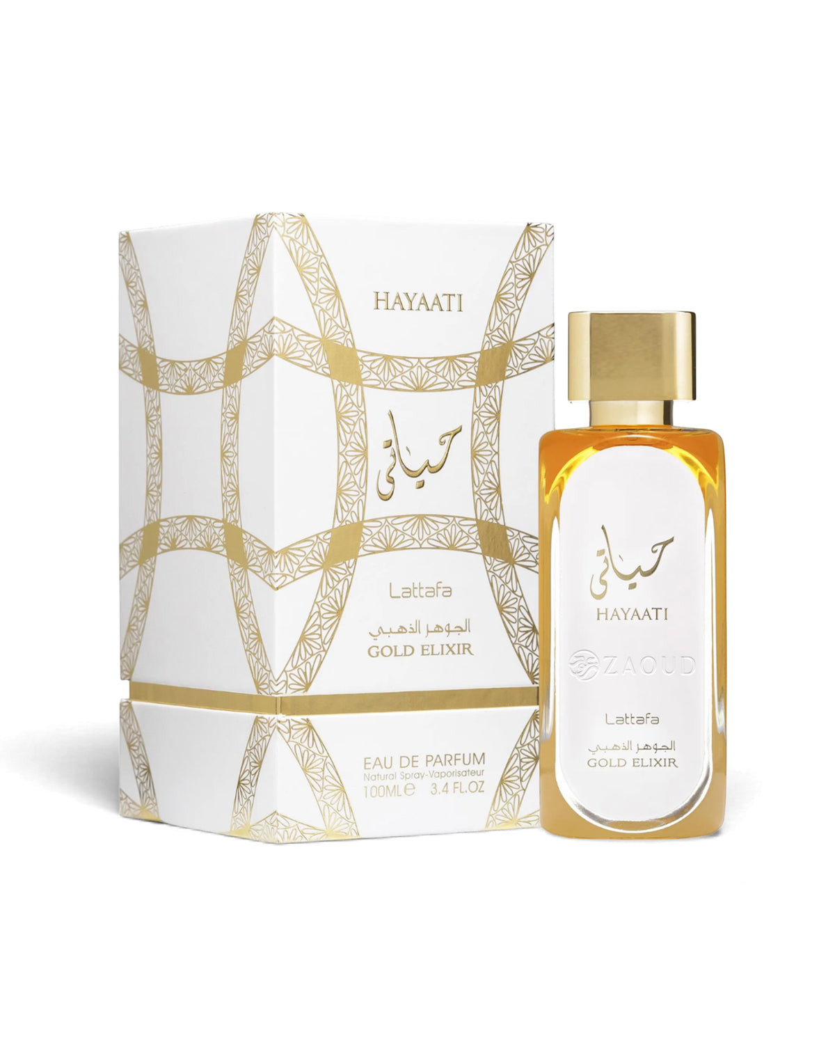 Lattafa Hayaati Gold Elixir Parfum bottle next to its white and gold patterned packaging box, on a clean white background.
