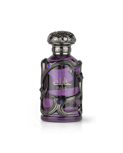 lattafa habik for men Purple perfume bottle with intricate design on a white background