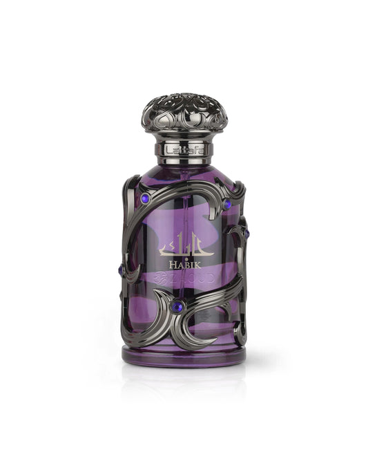 lattafa habik for men Purple perfume bottle with intricate design on a white background