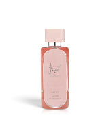 A rectangular glass perfume bottle with a pale pink cap and a peachy-pink liquid inside, featuring the HAYAATI florence by lattafa, set against a plain white background.
