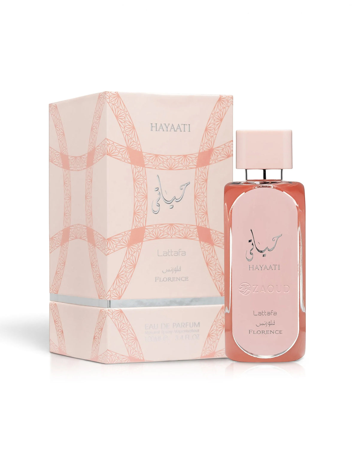 lattafa hayaati florence perfume bottle shows beside packaging against white background